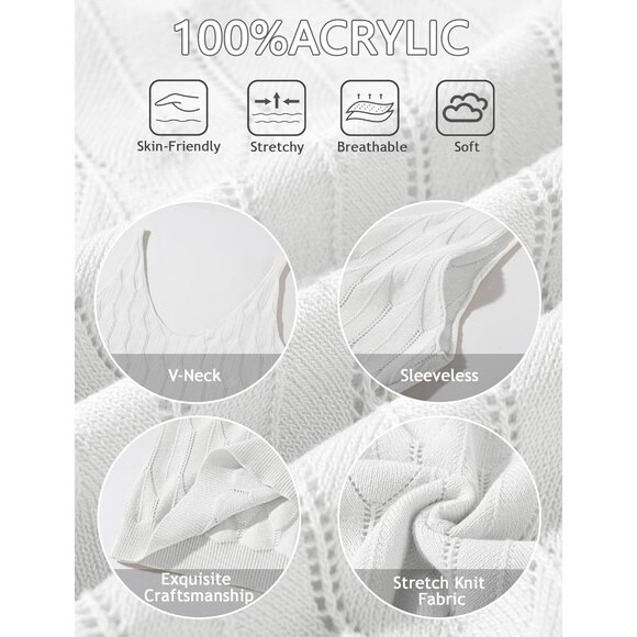 Feoya Women White Scoop Neck Knitted Cami Layering Sleeveless Pointelle Sweater - Picture 5 of 6